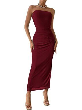 Women's Wine Red Summer Wedding Guest Dress Strapless Tube Top Floral Maxi